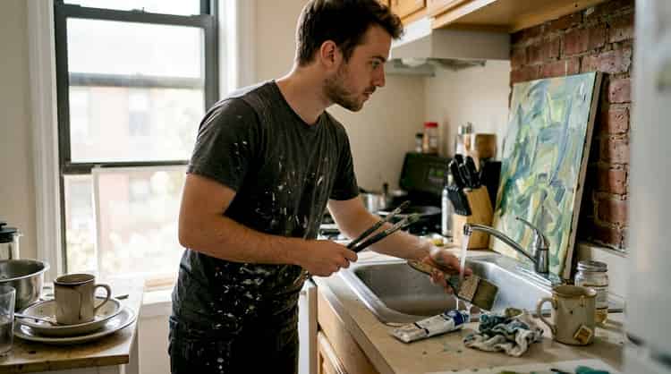 Un artista utiliza el espacio de la cocina para limpiar sus pinceles después de pintar.
