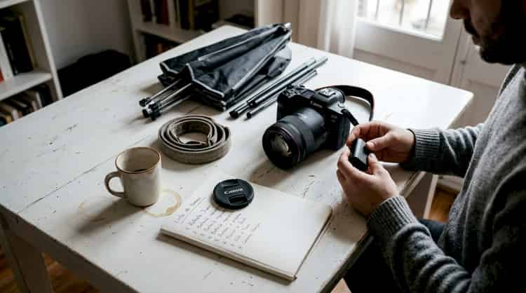 Material fotográfico colocado sobre una mesa blanca