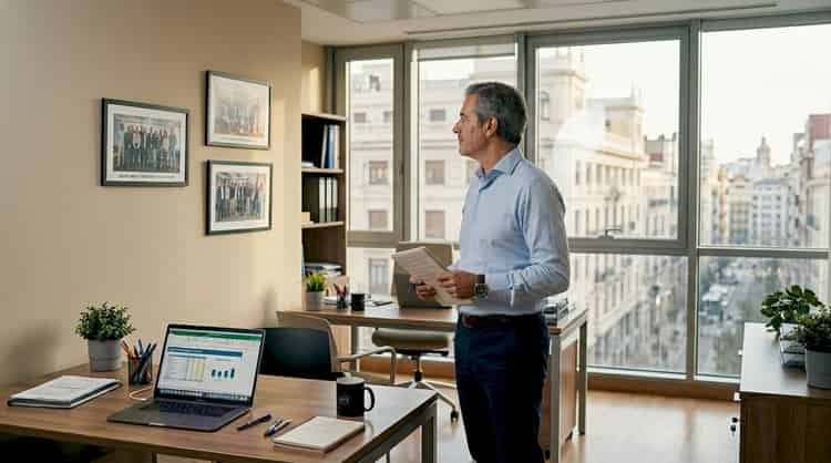 A professional reviews documents in their office, next to the window, taking advantage of natural light while analyzing their work.
